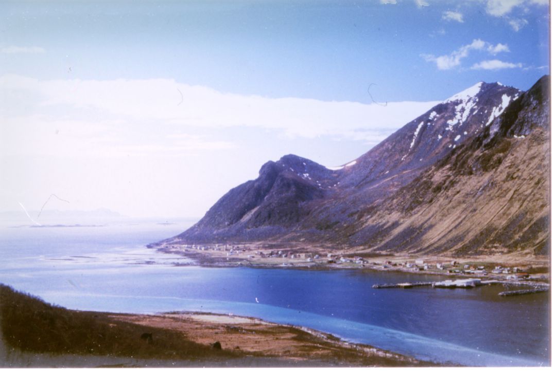 Et vilt, nord-norsk landskap med bratte fjell og tett bebyggelse nede ved vannflaten. 